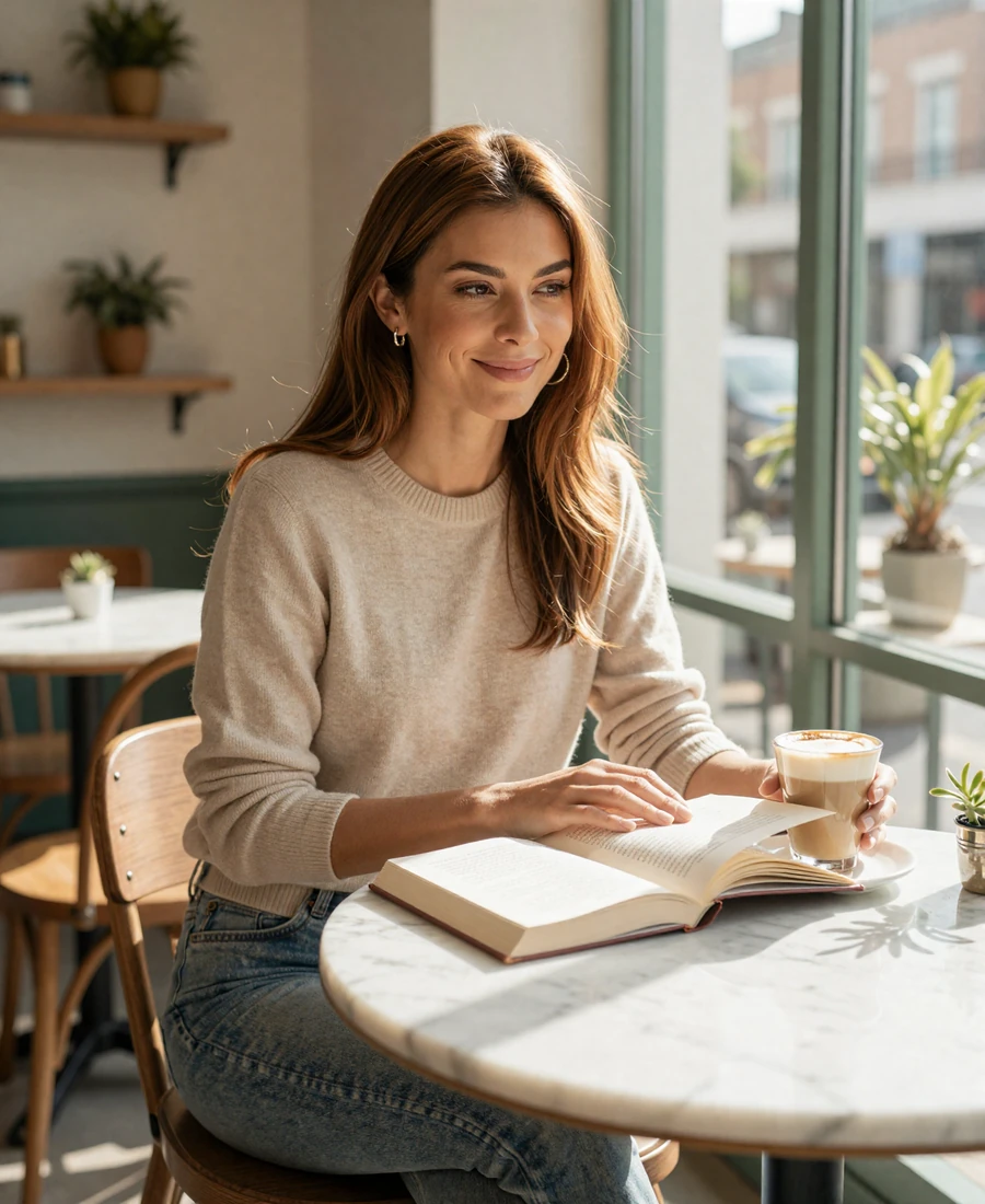 Female ophthalmologist reading at a Saturday cafe, dating a female doctor lifestyle imagery