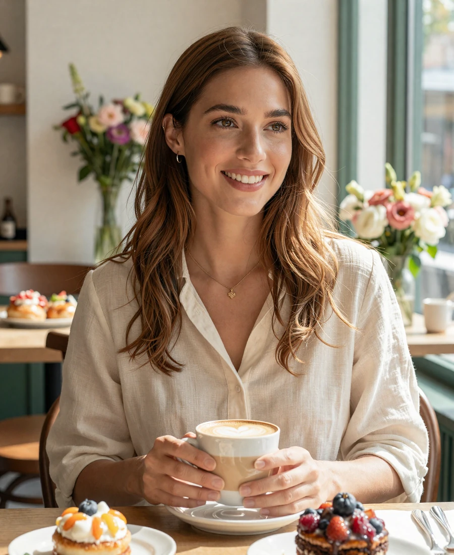 Single female obstetrician laughing at a Sunday brunch, featured on the obstetrician dating site