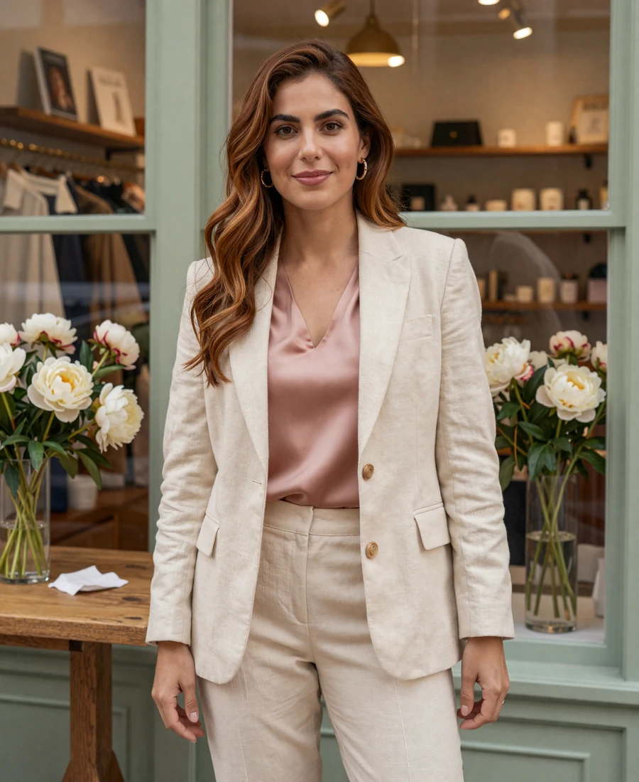 Single female dermatologist at a sunlit boutique window, featured on the dermatologist dating site