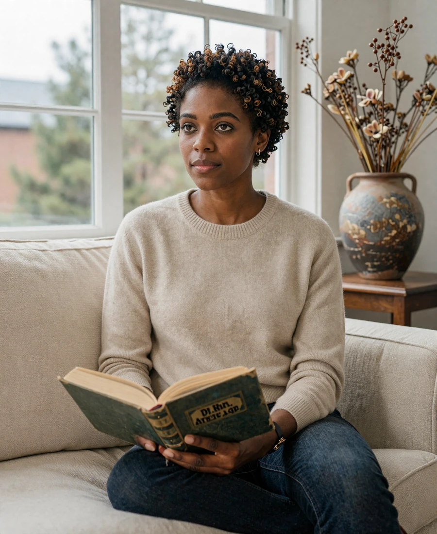Female oncologist reading on a sunlit sofa, dating an oncologist editorial lifestyle imagery