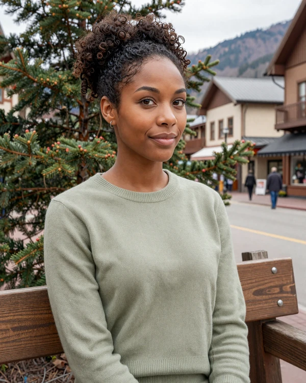 Aaliyah, ICU travel nurse with serious intent, on a mountain town bench