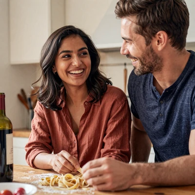 Mira and David, couple who met on the gastroenterologist dating site, cooking pasta in a sunlit kitchen
