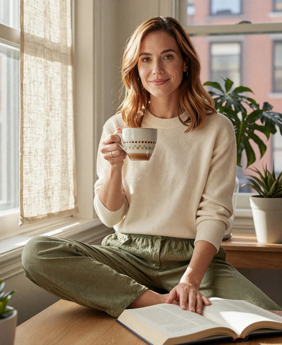 Single woman internist enjoying morning coffee at home, featured on the internist dating site
