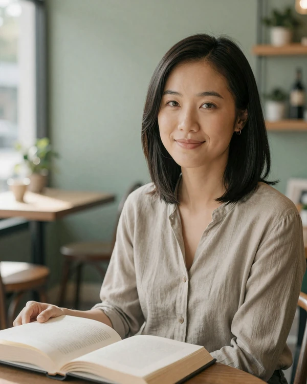 Mei, 32, nurse anesthetist from Austin reading in a cafe - dating successful women on DDC
