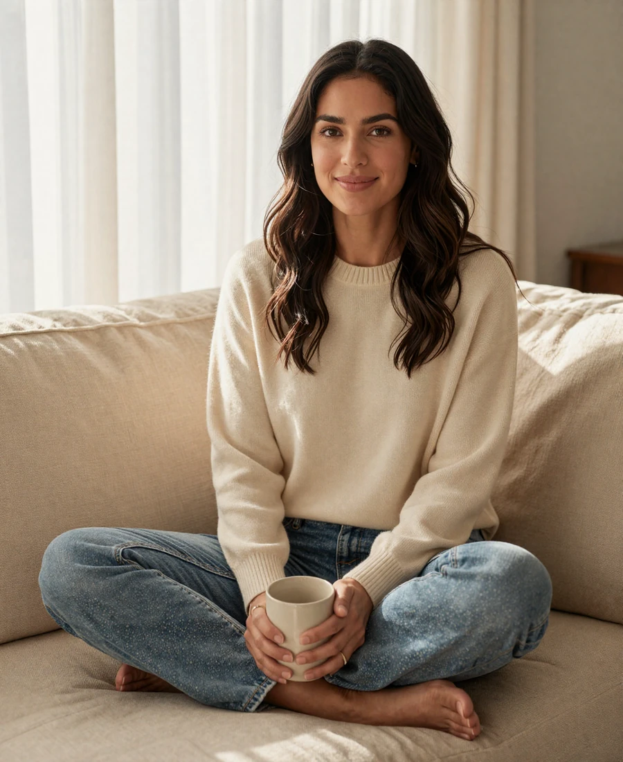 Single female ER doctor unwinding at home after a shift, featured on the ER doctor dating site
