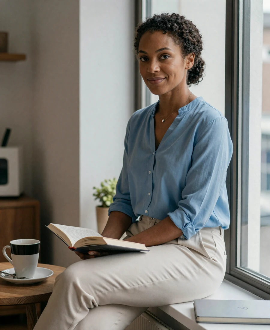 Female radiology technologist relaxing at home with coffee, lifestyle image for radiology tech dating site
