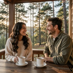 Elena and Mark, couple who met on the pulmonologist dating site, laughing on a Colorado cabin porch
