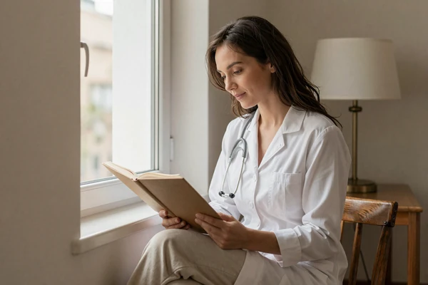 Woman doctor relaxing at home after work