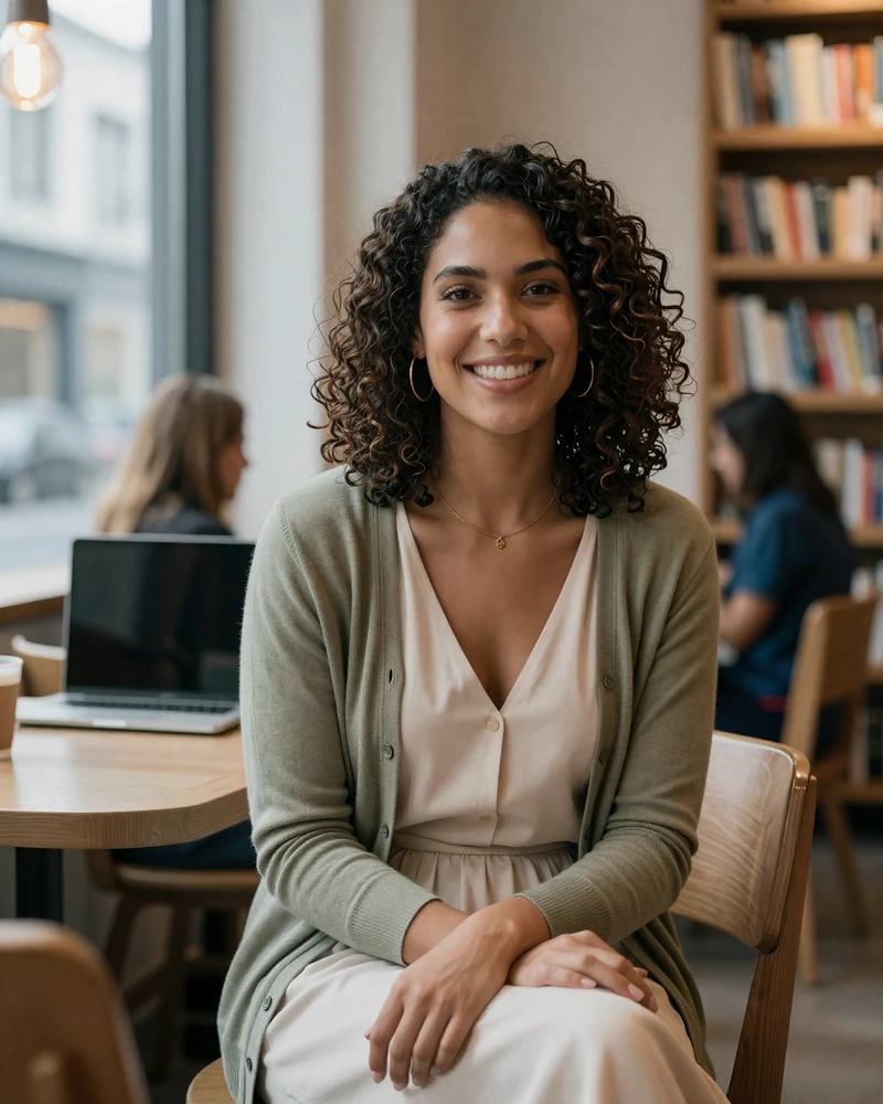 Approachable pediatrician in a bookstore cafe for a medical professional dating profile