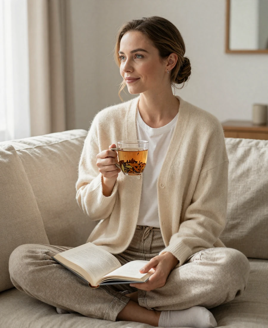 Female endocrinologist reading at home with herbal tea, dating educated women lifestyle imagery