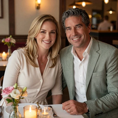 Eleanor and James, couple who met on the dermatologist dating site, at a Charleston bistro dinner
