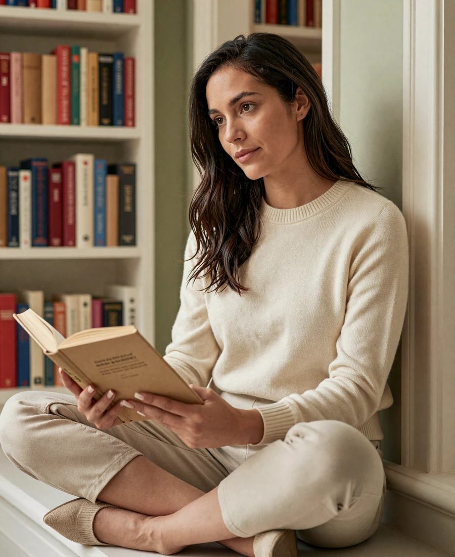 Single female neurologist reading by a window, featured on the neurologist dating site