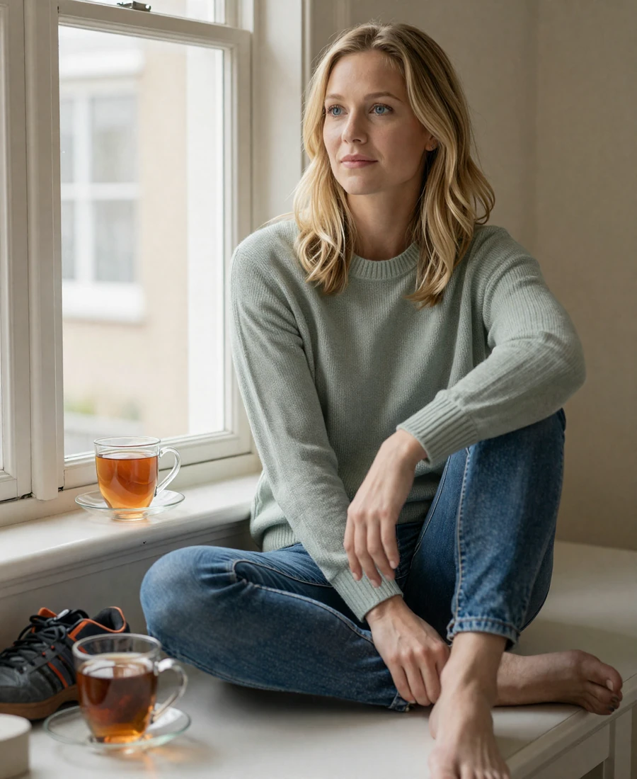 Off-duty woman paramedic relaxing at home with tea, lifestyle image for paramedic dating site