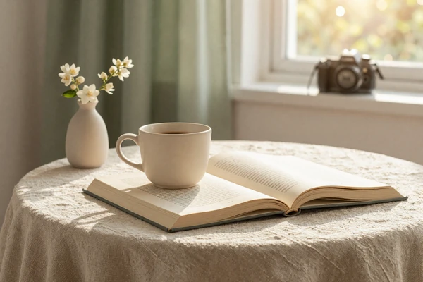 Slow Saturday morning ritual of a single oncologist with coffee and book