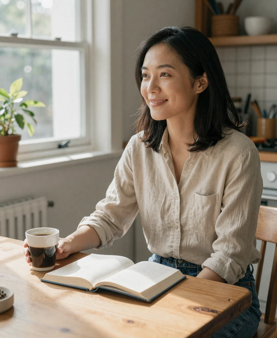 Female pulmonologist reading at a sunlit kitchen table, dating a physician lifestyle imagery