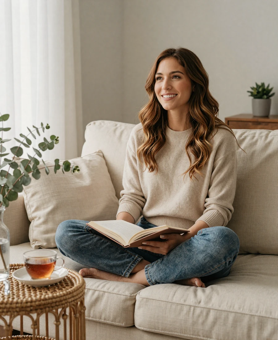 Female dermatologist relaxing at home on a slow weekday evening, dating a dermatologist lifestyle imagery