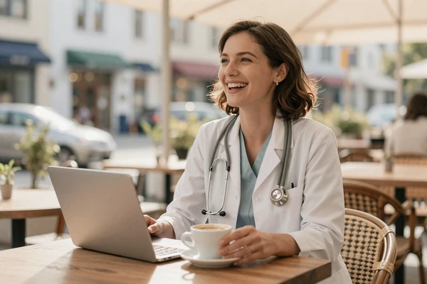 Woman doctor enjoying a relaxed coffee date away from the hospital