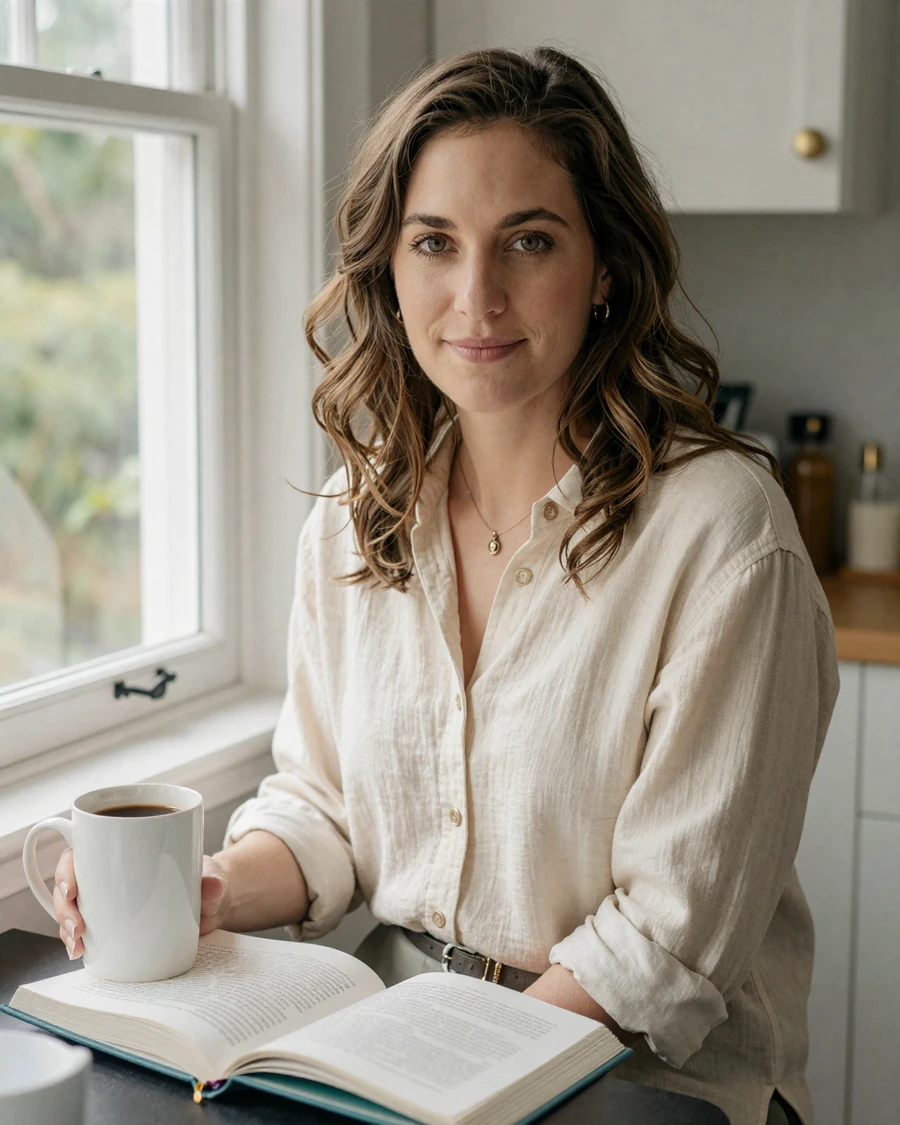 Single nurse anesthetist Allison at home with morning coffee - CRNA dating site lifestyle portrait