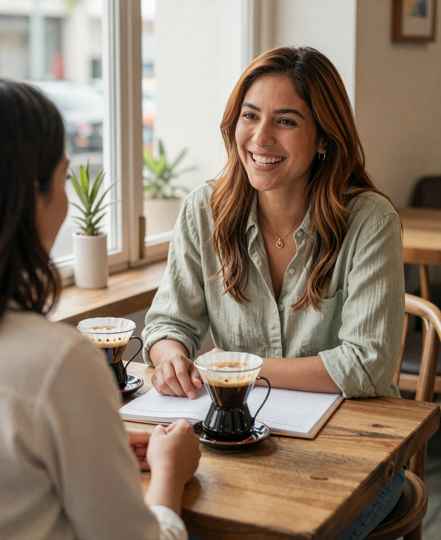 Female psychiatrist in deep conversation over coffee, dating intelligent women lifestyle imagery