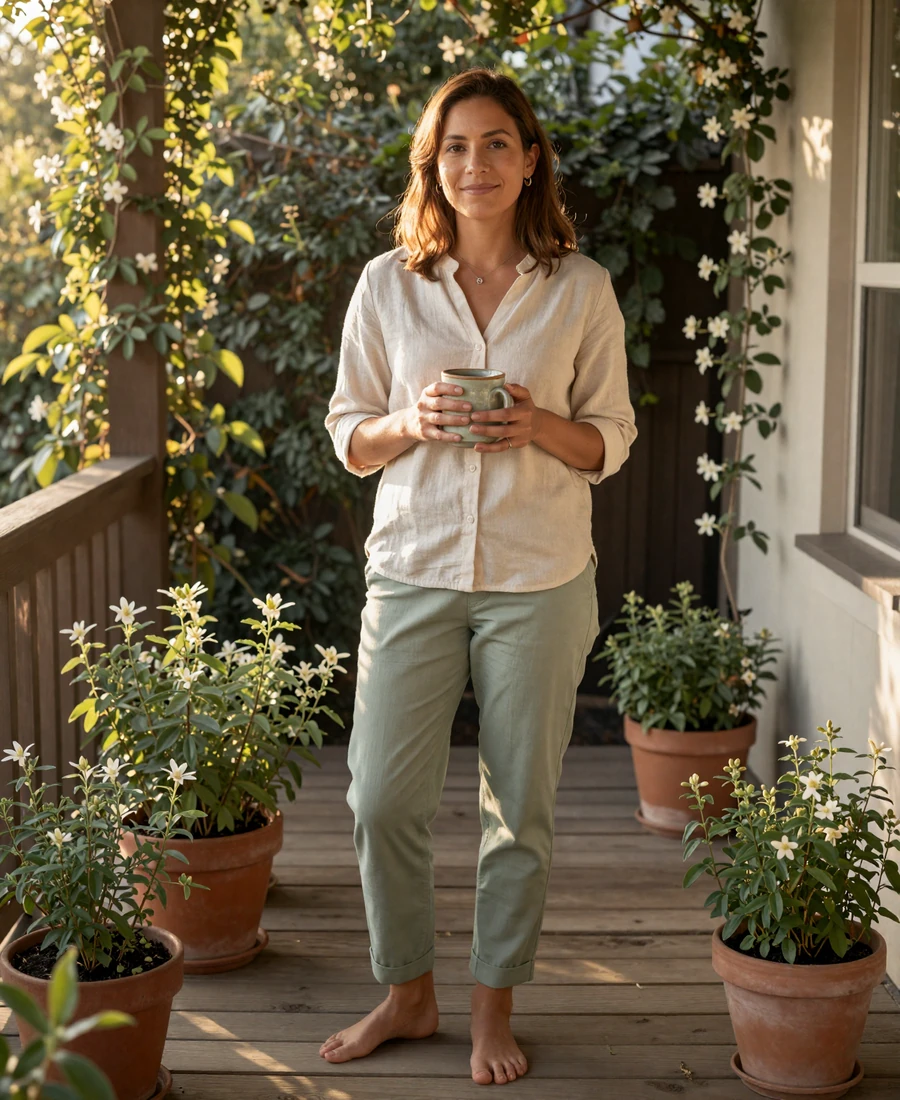 Single female oncologist on a sunlit porch with morning coffee, featured on the oncologist dating site