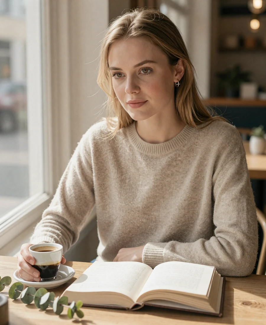 Single female nephrologist reading at home in soft window light, featured on the nephrologist dating site