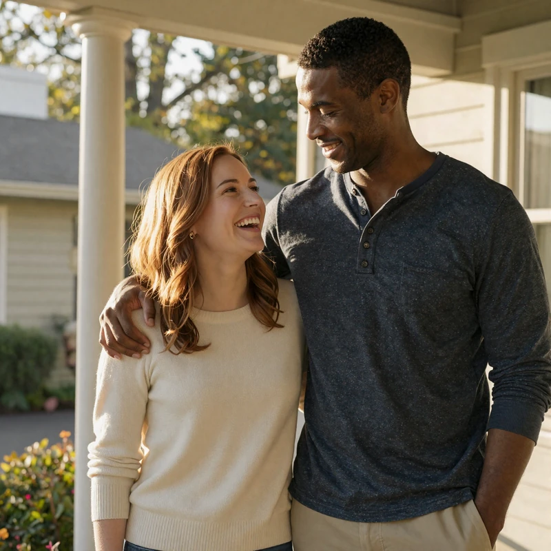 Amelia and Mark, couple who met on the ER doctor dating site, smiling together on a Portland porch