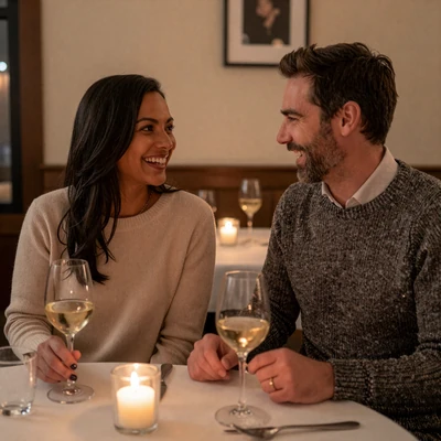 Eleanor and James, couple who met on the neurologist dating site, laughing at a Boston bistro