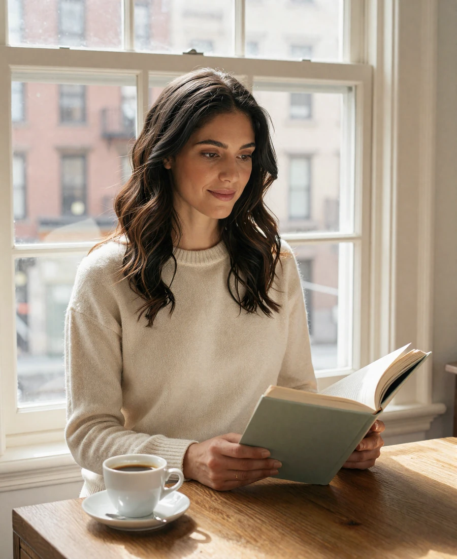 Single female radiologist reading by a sunlit window, featured on the radiologist dating site