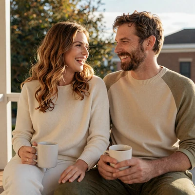 Couple Rachel and Andrew who met on the family doctor dating site, smiling together at home