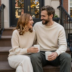 Naomi and Andrew, couple who met on the pediatrician dating site, laughing at a Boston brunch