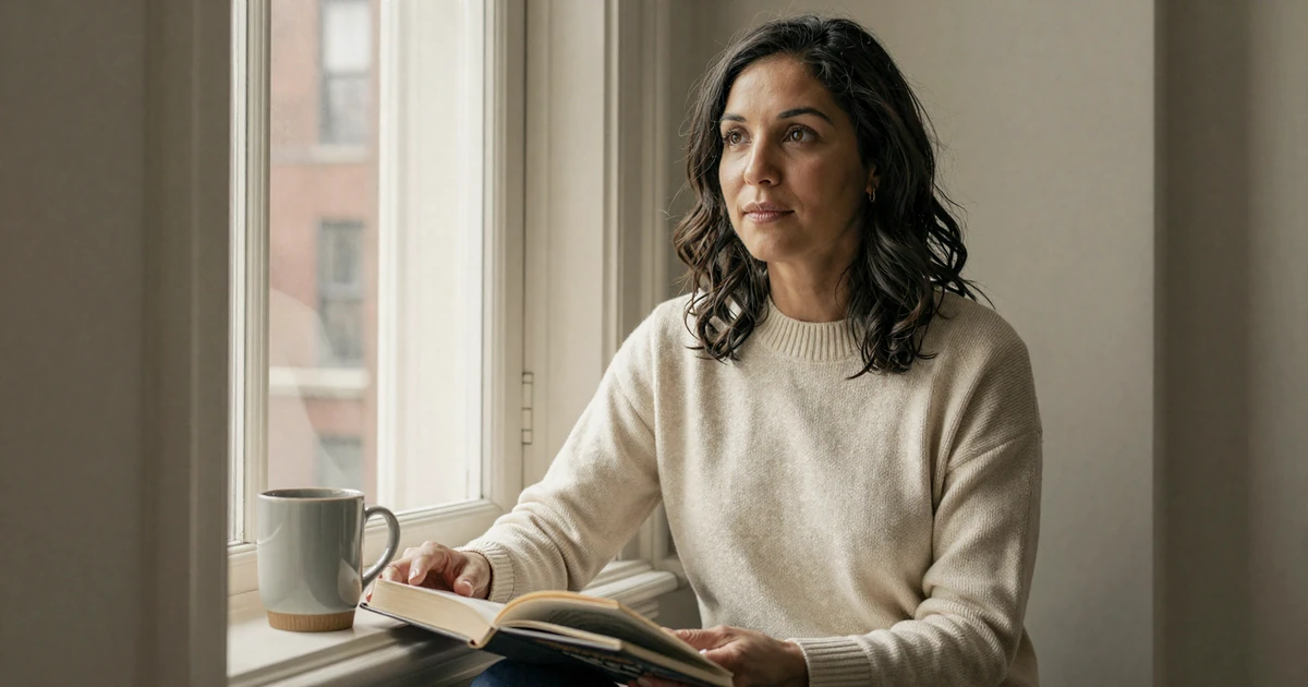 Single female psychiatrist reading in a sunlit window seat, featured on the psychiatrist dating site