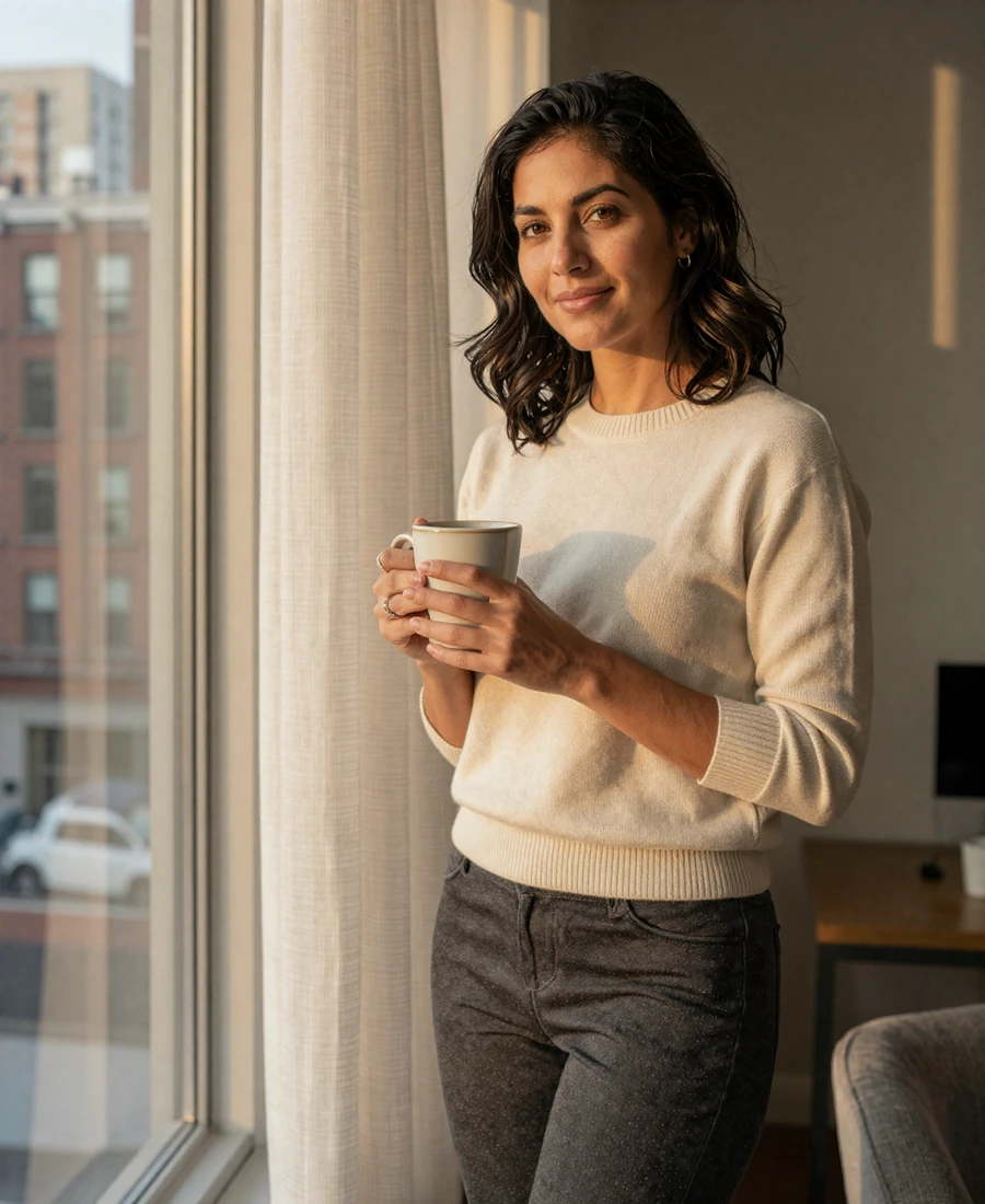 Single female urologist by her city apartment window, featured on the urologist dating site