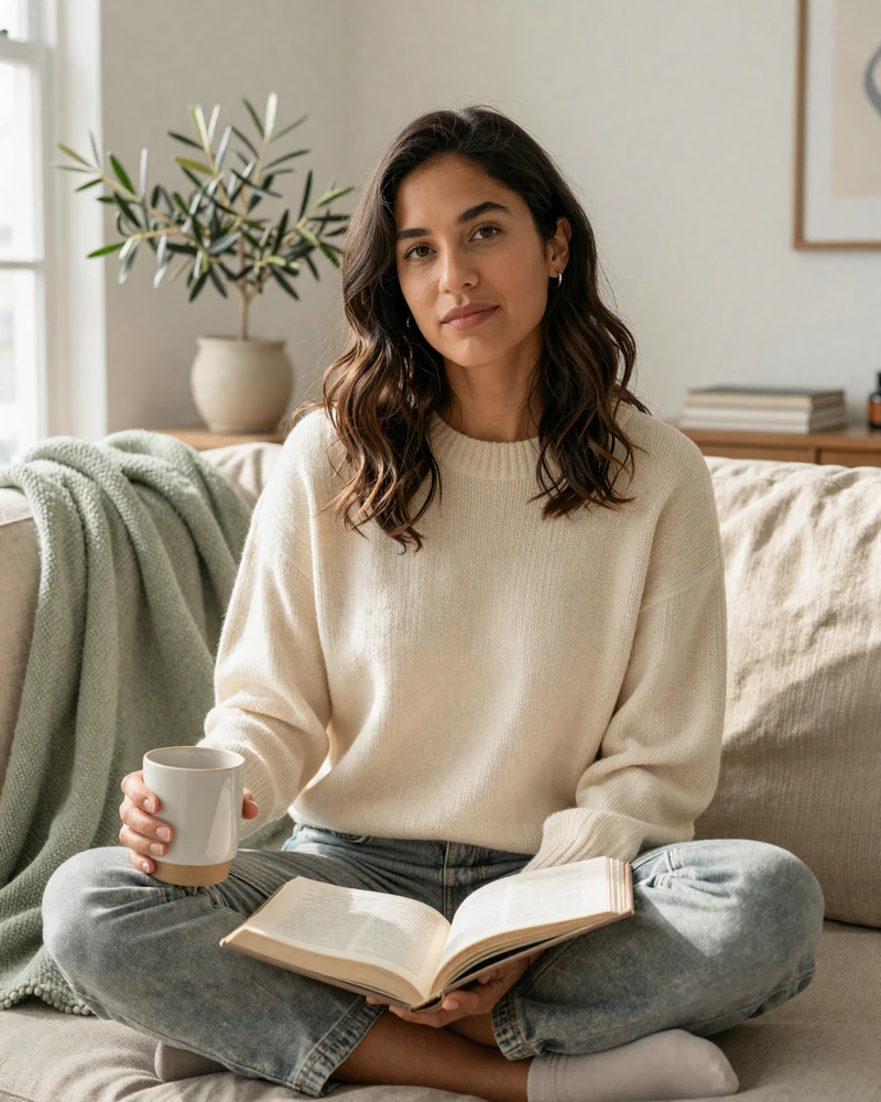 Single pharmacist woman reading at home - medical professional dating lifestyle