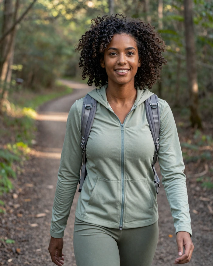 Woman hiking on a forest trail, ideal first date setting when dating a physical therapist