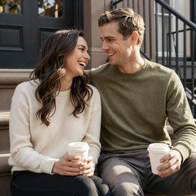Elena and Marcus, couple who met on the radiologist dating site, on a Brooklyn stoop