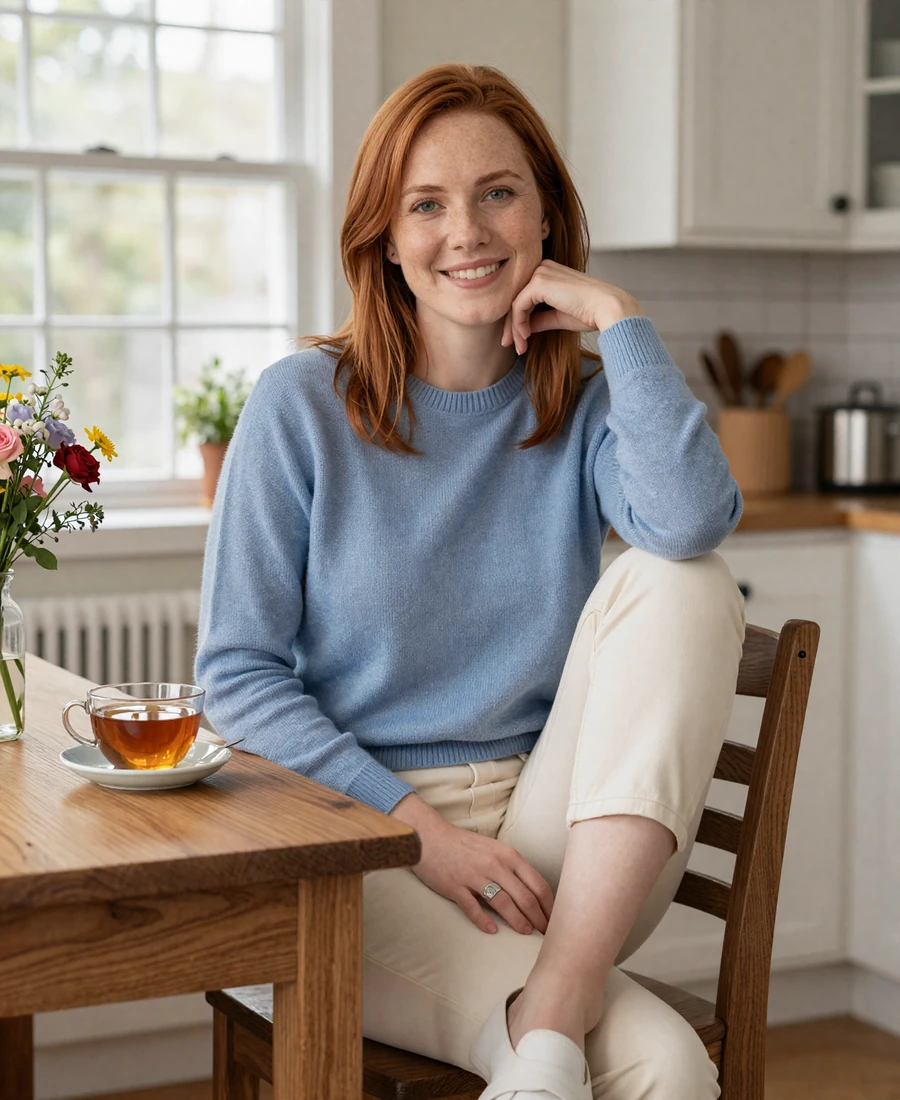 Certified nurse midwife enjoying a calm morning at home, lifestyle scene for nurse dating site