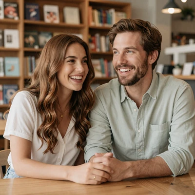Naomi and Michael, couple who met on the dermatologist dating site, at an Austin bookstore cafe