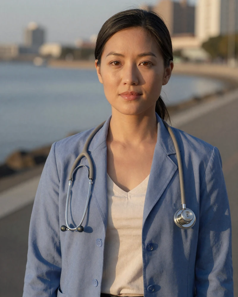 Female ER doctor outside work in a waterfront lifestyle portrait for doctor singles
