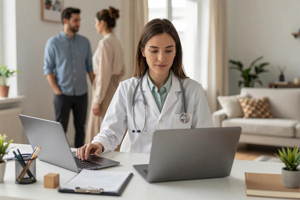 Female doctor balancing work and personal life in a home office
