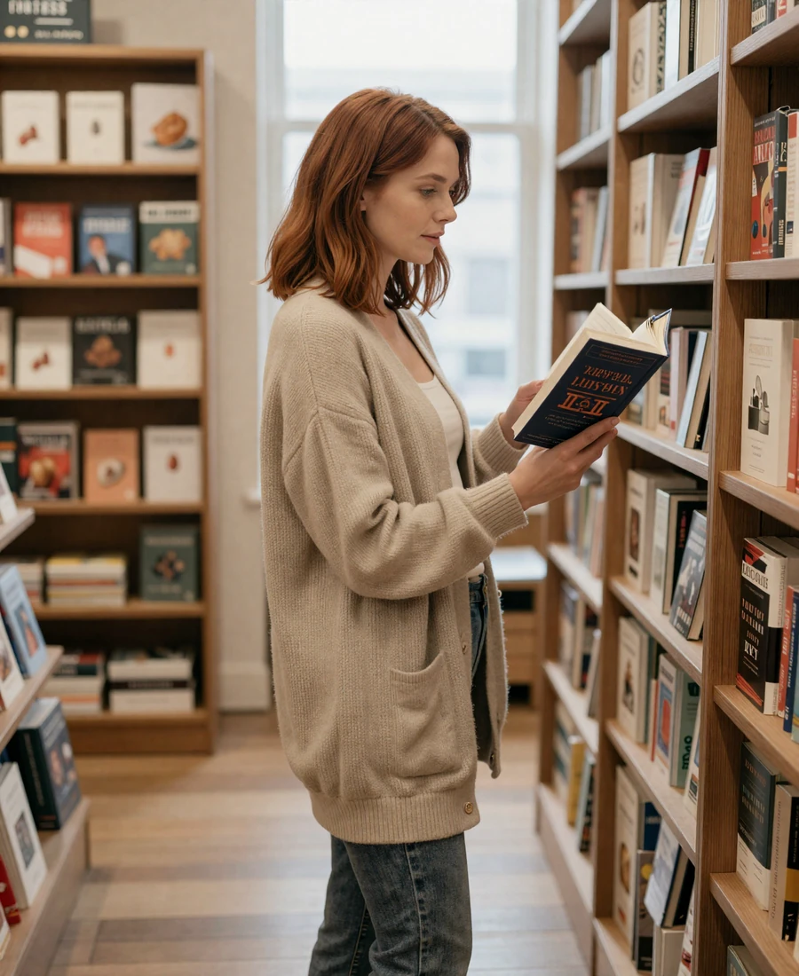 Female neurologist browsing an independent bookstore on a Saturday morning
