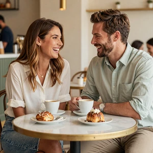 Elena and James, couple who met on the ophthalmologist dating site, laughing at a Brooklyn brunch