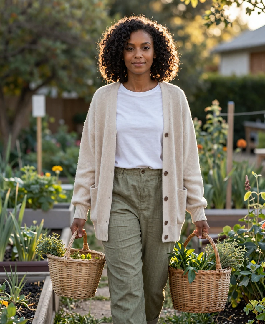 Female OB/GYN walking through a community garden, dating a female doctor lifestyle imagery