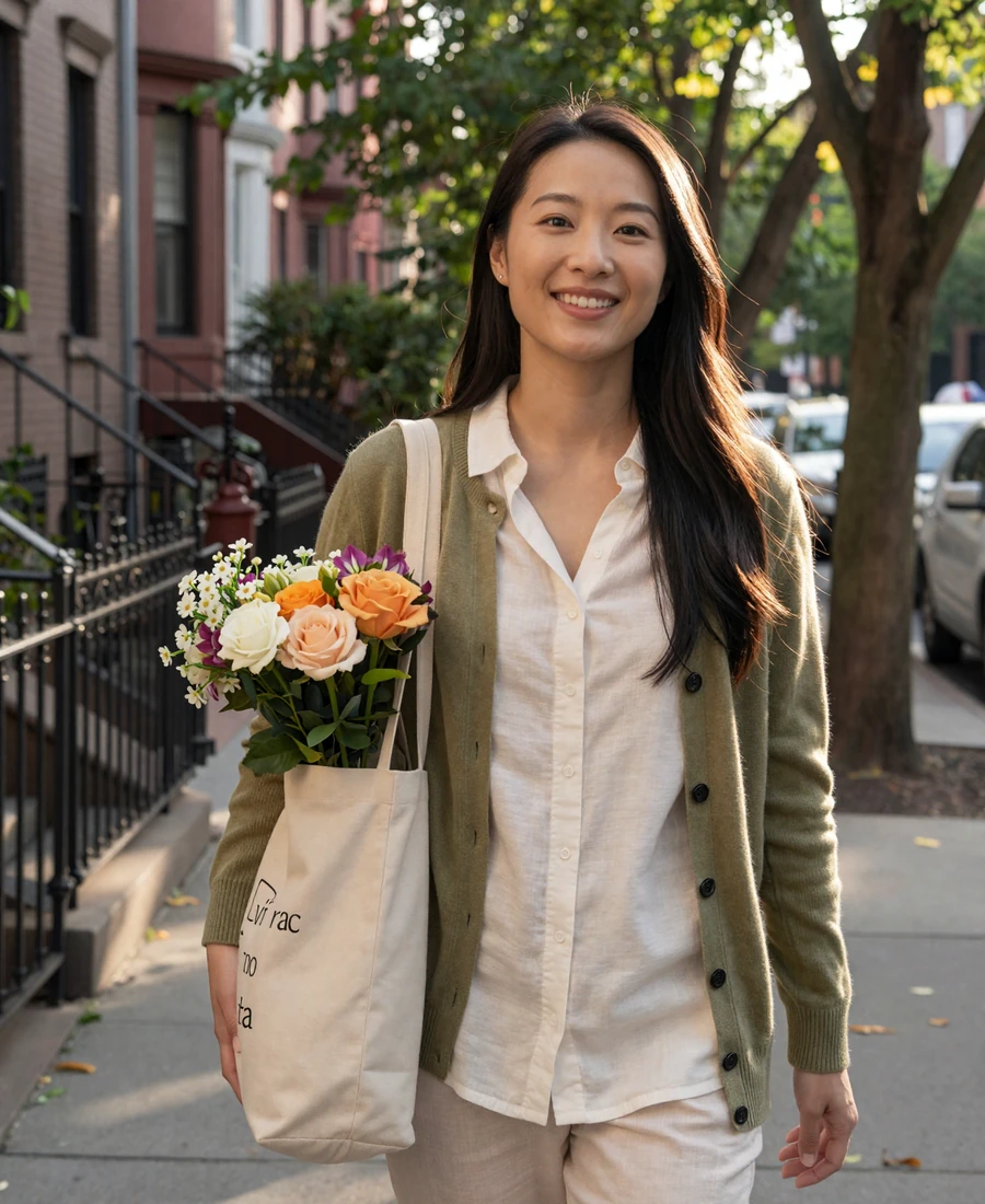 Single woman internist walking through her neighborhood on a Saturday, showing the lifestyle behind physician dating