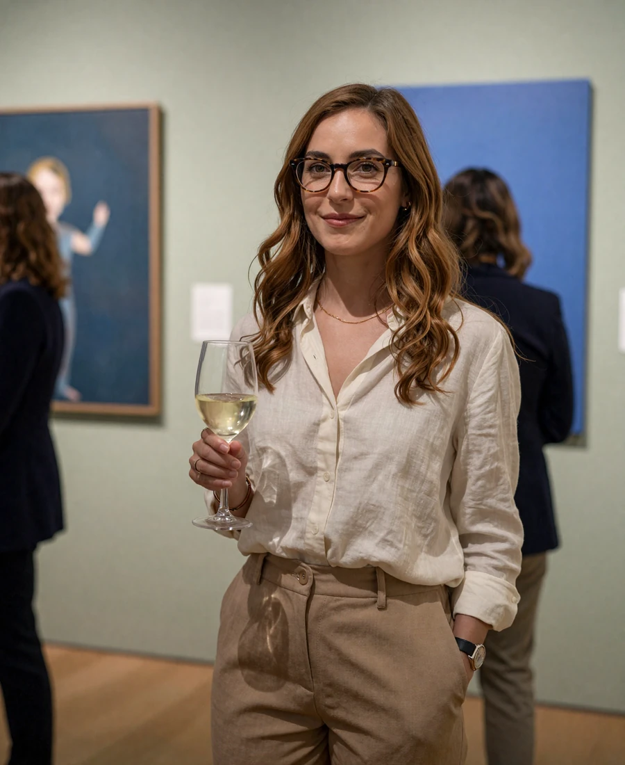 Single female ophthalmologist at a gallery opening, featured on the ophthalmologist dating site