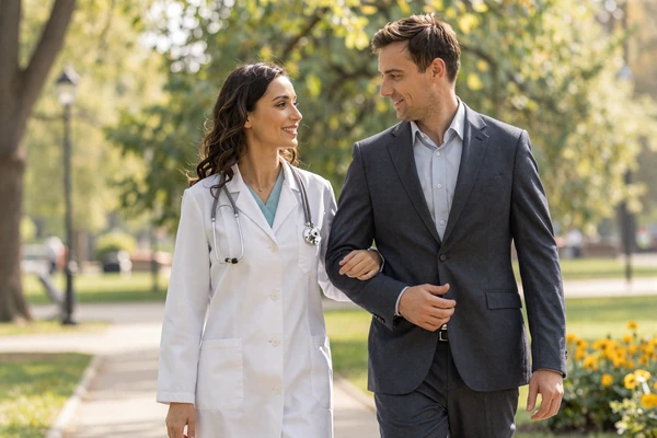 Medical professional couple enjoying time together outdoors