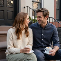 Rosalind and James, couple who met on the plastic surgeon dating site, on a Brooklyn stoop