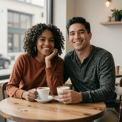 David and Hannah, a couple who met through a medical professionals dating site, sharing coffee