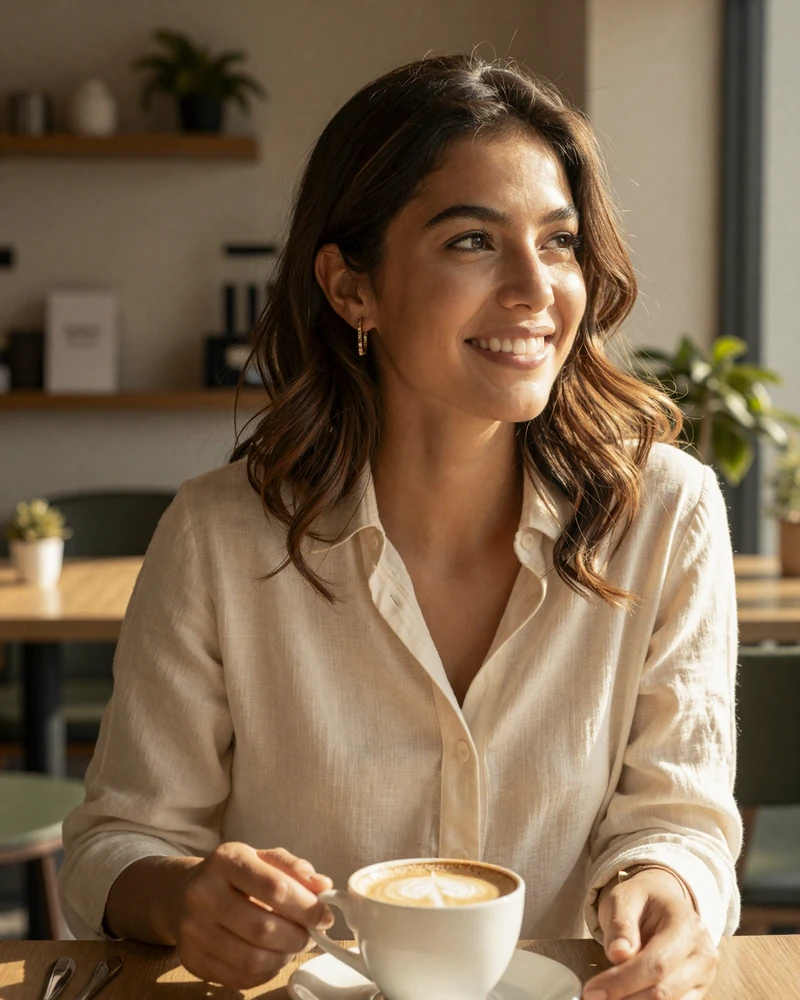 Elena, single pharmacist on a doctor dating site, in an Austin coffee shop