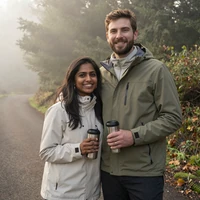 Couple Priya and James who met on the surgeon dating site, hiking together in Oregon