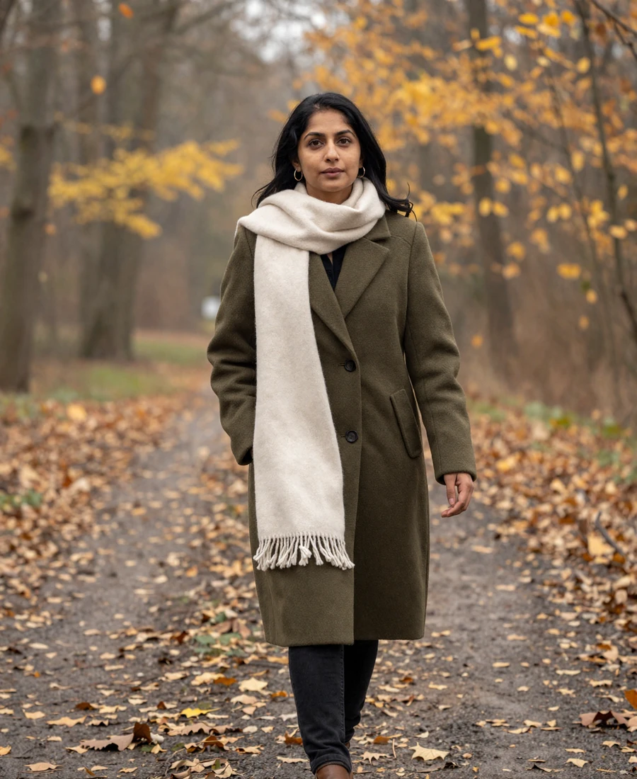 Single female neurologist on a long Sunday walk in an autumn park